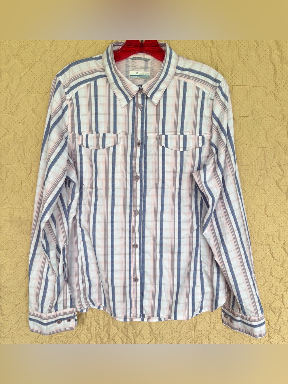 Columbia Omni Shade Women's Sz L Button Down Fishing Shirt Striped Long Sleeve